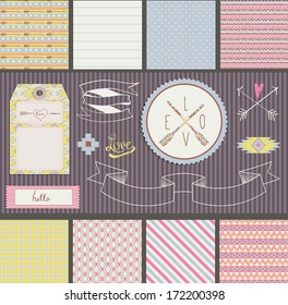 Scrapbook Design Elements: labels, ribbon, tag, arrow, flag and cute seamless backgrounds. For design or scrap booking.
