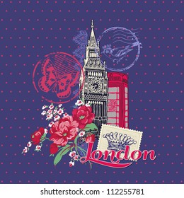 Scrapbook Design Elements - London Vintage Card with Stamps - in vector