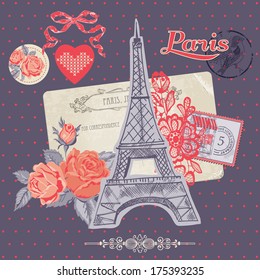 Scrapbook Design Elements - Paris Vintage Card with Stamps - in vector