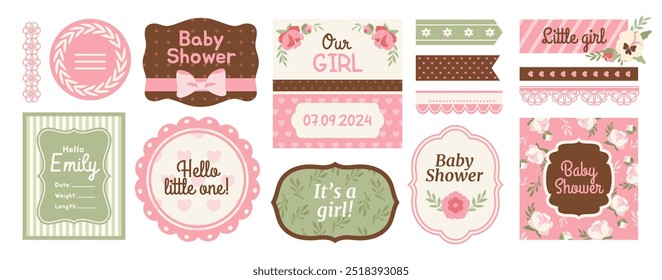 Scrapbook Design Elements. Set of cute adorable baby shower stickers for decorating notebook. Bright botanical labels with inscriptions. Flat vector illustration collection isolated on background