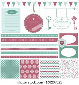 Scrapbook design elements set - frame, garland, card, signboard, lace, notebook page, key, button, scotch tape and four romantic seamless pattern background.