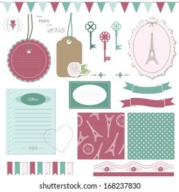 Scrapbook design elements set - frame, garland, ribbon, lace, notebook page, cardboard label, divider, key, rose and two romantic seamless pattern background.