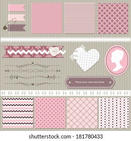 Scrapbook Design Elements Set - Frame, Divider, Cameo, Lace, Ribbon, Button, Pin, Paper Cut Heart And Seven Cute Seamless Pattern Background. 