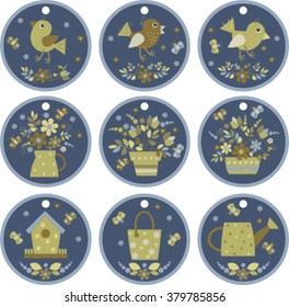 scrapbook design elements - tags with flowers, birds in vector