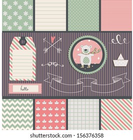 Scrapbook Design Elements: teddy bear, frames, ribbon, tag, star, flag and cute seamless backgrounds. For design or scrap booking.
