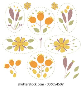 Scrapbook Design Elements. Textile Vector Elements. Set of flower sticker.