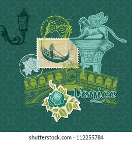 Scrapbook Design Elements - Venice Vintage Card with Stamps - in vector