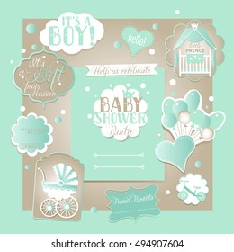 Scrapbook Design Elements. Vintage Baby Boy Vector Set