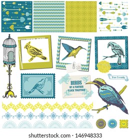 Scrapbook Design Elements. Vintage Birds Set. Vector