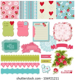 Scrapbook Design Elements - Vintage Flowers and Strawberry Set - in vector