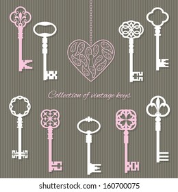 Scrapbook design elements - vintage keys and keyhole in the shape of lace heart.