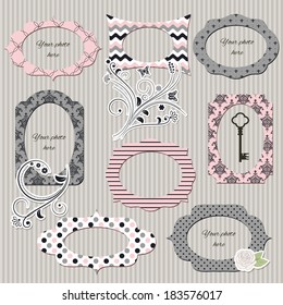 Scrapbook design elements. Vintage photo frames and floral decor in pink and grey colors.