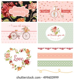 Scrapbook Design Elements - Wedding Party Hortensia Flowers and Bicycle Theme - in vector
