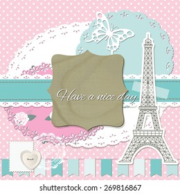 Scrapbook design elements. Wooden frame, lace, doilies, garland, stamp, eiffel tower.