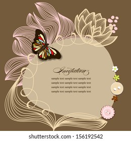 Scrapbook design, invitation template with flowers and butterfly