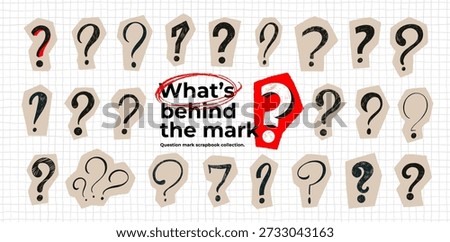Scrapbook doodle crayon question mark collection on checkered background. Punctuation typography symbols for collages. Vector crayon question marks on craft torn paper. Problem solving concept.
