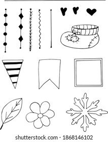 scrapbook doodle elements set sketch hand drawn. for design card, invitation, frame, vector, monochrome, minimalism flags, leaf, snowflake, flower, booties, frame, thread, pendants