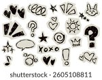 Scrapbook doodle set. Collection of sketch handdrawn scribble heart, star, mark, sign for journal. Chalk or ink craft paper cutout for scrapbook dairy