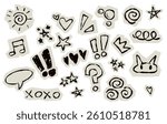 Scrapbook doodle set. Collection of sketch handdrawn scribble heart, star, mark, sign for journal. Chalk or ink craft paper cutout for scrapbook dairy