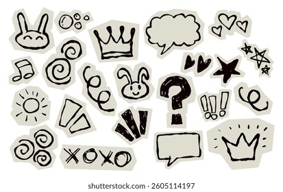 Scrapbook doodle set. Collection of sketch handdrawn scribble heart, star, mark, sign for journal. Chalk or ink craft paper cutout for scrapbook dairy