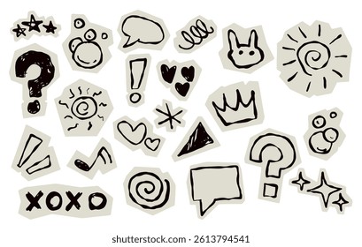 Scrapbook doodle set. Collection of sketch handdrawn scribble heart, star, mark, sign for journal. Chalk or ink craft paper cutout for scrapbook dairy