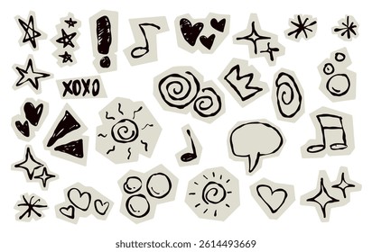 Scrapbook doodle set. Collection of sketch handdrawn scribble heart, star, mark, sign for journal. Chalk or ink craft paper cutout for scrapbook dairy
