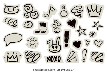 Scrapbook doodle set. Collection of sketch handdrawn scribble heart, star, mark, sign for journal. Chalk or ink craft paper cutout for scrapbook dairy