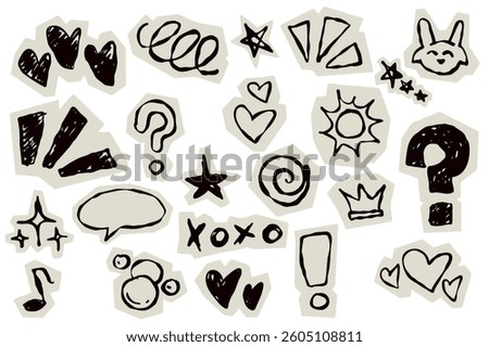Scrapbook doodle set. Collection of sketch handdrawn scribble heart, star, mark, sign for journal. Chalk or ink craft paper cutout for scrapbook dairy