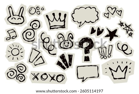 Scrapbook doodle set. Collection of sketch handdrawn scribble heart, star, mark, sign for journal. Chalk or ink craft paper cutout for scrapbook dairy