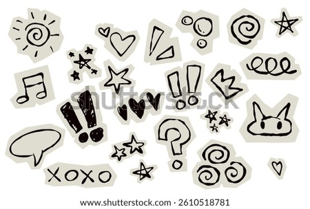 Scrapbook doodle set. Collection of sketch handdrawn scribble heart, star, mark, sign for journal. Chalk or ink craft paper cutout for scrapbook dairy