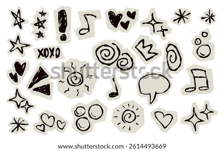 Scrapbook doodle set. Collection of sketch handdrawn scribble heart, star, mark, sign for journal. Chalk or ink craft paper cutout for scrapbook dairy
