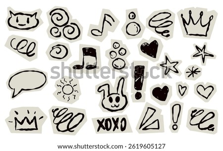 Scrapbook doodle set. Collection of sketch handdrawn scribble heart, star, mark, sign for journal. Chalk or ink craft paper cutout for scrapbook dairy