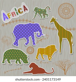 Scrapbook elements. Animals from Africa, cartoon patchwork elements on beige background. Vector illustration	
