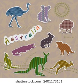 Scrapbook elements. Animals from Auistralia, cartoon patchwork elements on beige background. Vector illustration	
