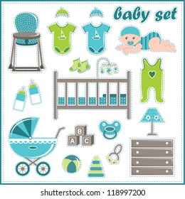 Scrapbook elements with baby boy things.vector