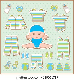 Scrapbook elements with baby clothes. vector
