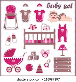 Scrapbook elements with baby girl things. vector