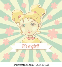 Scrapbook elements, baby shower card. Blonde girl. EPS10