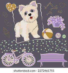 Scrapbook elements. Cartoon cute puppy, bicycle, hearts, buttons, flowers on dark grey background. Vector illustration