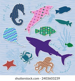 Scrapbook elements. Fish with patterns on blue background. Vector illustration