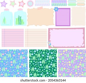 Scrapbook elements including deformed papers, rough papers, color papers. Two jars with florals and small labels and stickers. Three patterns with different colors. Twenty three scrapbook element.