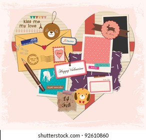 Scrapbook Elements in Love Shape Paper. Valentine's Day Design.