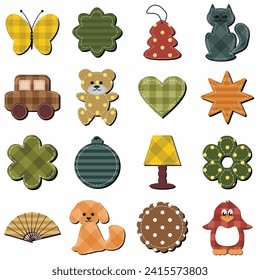 Scrapbook fabric set with different objects on white background isolated collection art decor design 