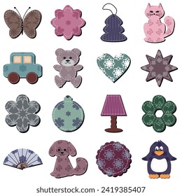 Scrapbook fabric set with different objects on white background isolated collection art decor design 