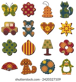 Scrapbook fabric set with different objects on white background isolated collection art decor design 