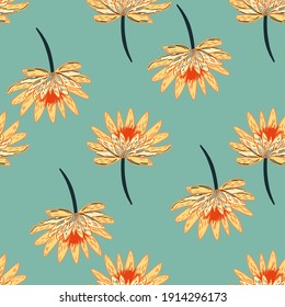 Scrapbook flora seamless pattern with simple orange daisy flowers elements. Blue background. Doodle print. Flat vector print for textile, fabric, giftwrap, wallpapers. Endless illustration.