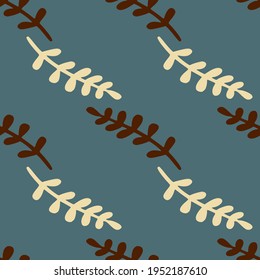 Scrapbook foliage seamless pattern with beige and black branches silhouettes. Blue pale background. Decorative backdrop for fabric design, textile print, wrapping, cover. Vector illustration.