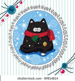 Scrapbook greeting card with serious black Christmas cat