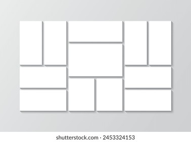 Scrapbook grid. Images mosaic mockup. Mood board picture frame. Photo collage template. Album brandboard. Portfolio gallery layout. Moodboard square banner. Vector illustration