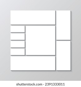 Scrapbook grid. Moodboard template. Mosaic picture square frame. Portfolio images mockup. Album brandboard. Photo collage layout. Mood board background. Retro photoframe. Vector illustration